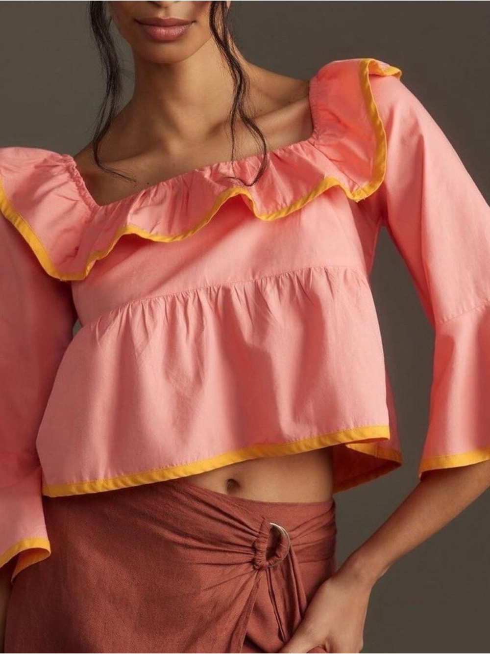 Pink Ruffle Off-Shoulder Crop Top with Yellow Trim
